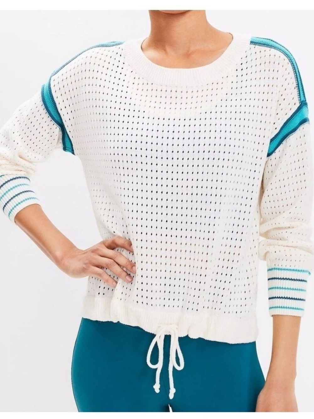 LOU & GREY Cream 100% Cotton Pointelle Sweater with Teal Trim